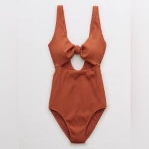 Aerie Juniper Brown/ Burnt Orange Ribbed Cutout Knot Front One Piece Swim Small